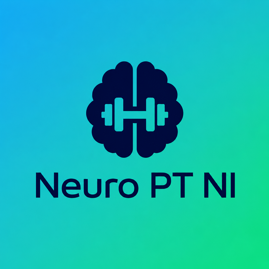 Neuro PT NI logo which shows an outline of a brain with a dumbbell inside